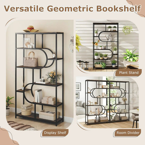 Modern 5 Tier Bookcase With Sturdy Open Metal Frame In Brown Black Oval Finish showcasing geometric design in room setups