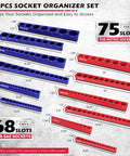 12 Piece Magnetic Socket Organizer Set For Quarter Inch, Three Eighths Inch, And One Half Inch Drive SAE And Metric, Detachable Tray With 5mm Magnetic Base, Holds 143 Sockets, Modular Garage And Home Workshop Storage showing red and blue trays for metric and SAE sockets.