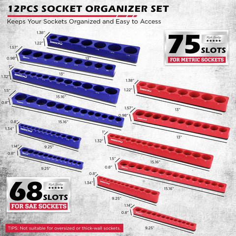 12 Piece Magnetic Socket Organizer Set For Quarter Inch, Three Eighths Inch, And One Half Inch Drive SAE And Metric, Detachable Tray With 5mm Magnetic Base, Holds 143 Sockets, Modular Garage And Home Workshop Storage showing red and blue trays for metric and SAE sockets.