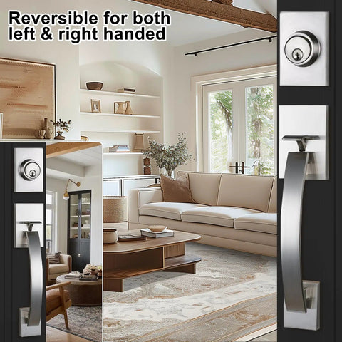 Modish Satin Nickel Front Door Entry Handleset With Deadbolt And Keyed Entry, Adjustable Backset shown in a stylish living room