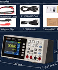 Desktop Digital Multimeter With True RMS, Data Logging, And Dual Display, SCPI Ready, with accessories and dimensions.