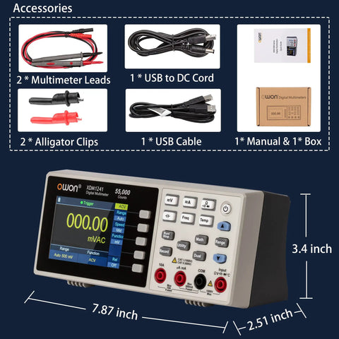Desktop Digital Multimeter With True RMS, Data Logging, And Dual Display, SCPI Ready, with accessories and dimensions.