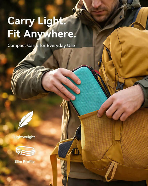Dope Hard Eva Tech Organizer For Power Bank Stash Cable Runners And Charger Gear With Water Resistant Oxford Shell Cozy Interior Zipper Bag And Smart Travel Fit For Anyone Who Hates Tangled Wires Everywhere In Teal being placed in a backpack pocket.