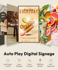 65 Inch Floor Standing Digital Signage 4K UHD Display Android 14 showcasing vibrant food and product advertisements.