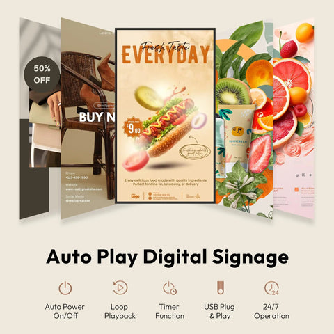 65 Inch Floor Standing Digital Signage 4K UHD Display Android 14 showcasing vibrant food and product advertisements.