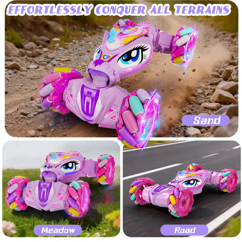 Pink Gesture Sensing Remote Control Car for Kids Age 6 to 12 4WD Hand Controlled Stunt RC Car on sand, meadow, and road.