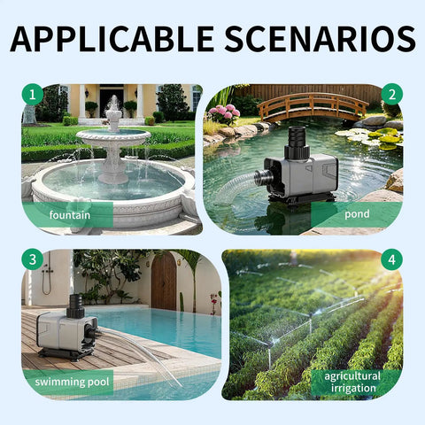 Various uses of No Sweat Hella Smooth Variable Frequency Submersible Pump For Pond Aquarium Or Fountain Setup in fountain, pond, swimming pool, and irrigation.