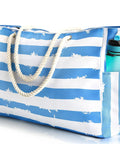 Blue and white striped Go To Extra Large Beach Bag With Waterproof And Sandproof Zipper, side pocket with water bottle