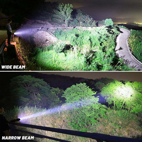 Beast Bright 99000 Lumens LED Flashlight Rechargeable With USB Cable wide and narrow beam demonstration