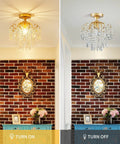 Small Crystal Ceiling Light Fixture Semi Flush Mount Chandelier For Dining Room Hallway Bedroom Bathroom Kitchen Gold Finish Bulb Not Included Durable Hardware With Laser Cut Crystals For Brilliant Refraction And A Lit Romantic Ambience in hallway, turned on and off view