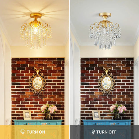 Small Crystal Ceiling Light Fixture Semi Flush Mount Chandelier For Dining Room Hallway Bedroom Bathroom Kitchen Gold Finish Bulb Not Included Durable Hardware With Laser Cut Crystals For Brilliant Refraction And A Lit Romantic Ambience in hallway, turned on and off view