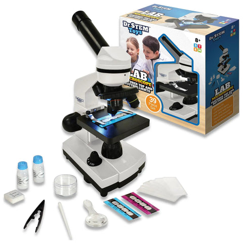 Kid Friendly Microscope Kit With Dual Top And Bottom Lights 40X 100X 400X Magnification Glass Lenses Slides Easy Setup For Home Science Lab And Classroom Use Ideal For Ages 8 Plus with accessories displayed
