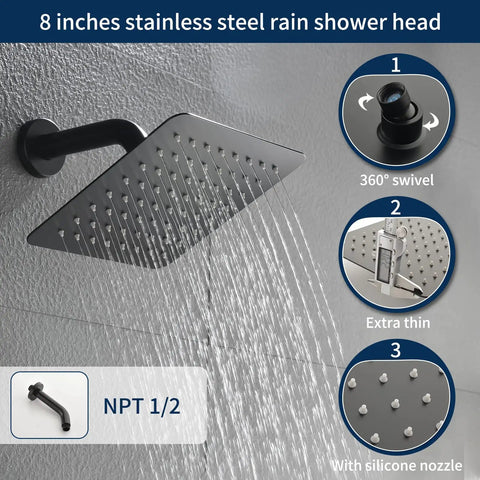 Shower Faucet Set With Tub Spout And Waterfall Tub Trim Kit Includes Rough In Valve Wall Mounted Shower Tub Fixtures In Brushed Nickel Finish Model 33010BN rain shower head detail