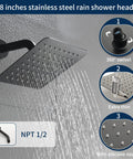 8-inch stainless steel rain shower head with NPT 1/2 connection, 360° swivel, Brushed Gold Shower Faucet Set With Waterfall Tub Spout Complete Shower System Kit With Trim Rough In Valve And One Half Inch NPT Connection Lifetime Warranty Easy Install Durable High End Spa Style For Your Bath