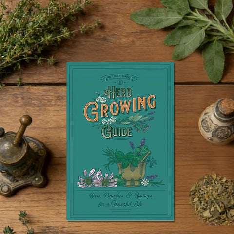 Herb Growing Guide book surrounded by herbs and spices on a wooden table