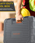 Person holding a heavy-duty carrying case for 130 Piece Home Tool Kit With 3.6 Volt Cordless Screwdriver For New Home And Apartment DIY Projects College Dorm Essentials Includes Spirit Level Hammer Pliers Sockets And More For Quick Home Fixes