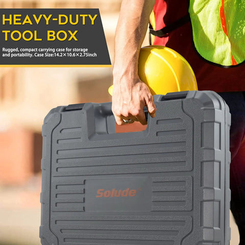 Person holding a heavy-duty carrying case for 130 Piece Home Tool Kit With 3.6 Volt Cordless Screwdriver For New Home And Apartment DIY Projects College Dorm Essentials Includes Spirit Level Hammer Pliers Sockets And More For Quick Home Fixes