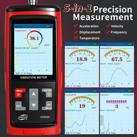 Portable Digital Vibration Meter With TFT Screen And 397000 Data Storage For Accurate Measurement Of Acceleration Velocity Displacement Frequency And Temperature 5 In 1 Diagnostic Tool For Machinery, red handheld unit