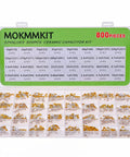 Ceramic Capacitor Assortment Kit With 32 Values, 800 Pieces, From 10pF To 10uF, 50V, in labeled storage box