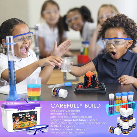Ultimate Kids Science Kit With 56 Hands On Experiments, Lab Coat Scientist Costume, 70 Plus DIY STEM Projects, Educational Toys For Girls And Boys Aged 6 8 10 12, Fun Hands On Learning That Makes Science Pop, kids wearing goggles doing lab experiment