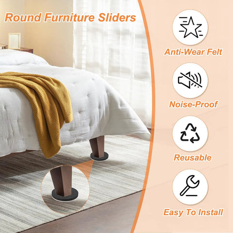 Hella Smooth Five Inch Felt Furniture Sliders sturdy eight piece round movers under a bed with yellow blanket on top.