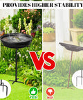 Comparison of two freestanding outdoor bird bath and feeder bowls with metal stakes in a garden setting, showing stability differences, featuring four spiky feet.
