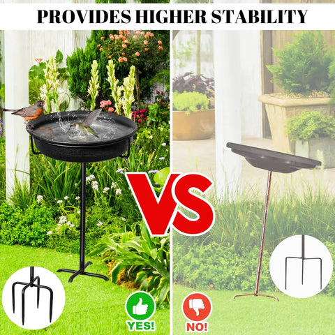Comparison of two freestanding outdoor bird bath and feeder bowls with metal stakes in a garden setting, showing stability differences, featuring four spiky feet.