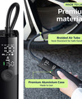 Cordless Tire Inflator Portable Air Compressor For Cars And Trucks 150 PSI High Flow Pump with aluminum case and braided air tube.
