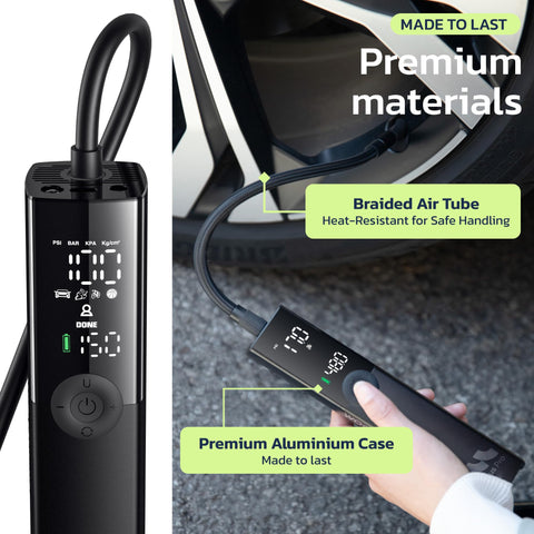 Cordless Tire Inflator Portable Air Compressor For Cars And Trucks 150 PSI High Flow Pump with aluminum case and braided air tube.
