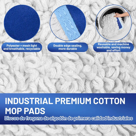 Close-up of two industrial premium cotton mop pads with polyester mesh, edge sealing, suitable for 36 Inch Commercial Dust Mop For Quick Dry Dust Cleanup On Hardwood Floors With 59 Inch Extended Handle Heavy Duty Frame Two Mop Pads Ideal For Hotels Warehouses Schools And Janitors.