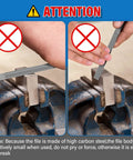 Warning about misuse of Six Piece Pro Grade Metal Needle File Set Hardened Alloy Steel, showing incorrect file application.
