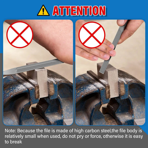 Warning about misuse of Six Piece Pro Grade Metal Needle File Set Hardened Alloy Steel, showing incorrect file application.