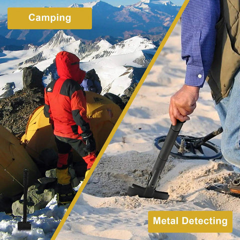 Folding Shovel With Pickaxe And Multi Tool Saw in use during camping and metal detecting, high carbon steel, outdoors.