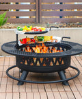 42 Inch Outdoor Fire Pit Table With Dual Grills And Lid For Bonfires, camping, picnics, backyard parties and patio heating in use