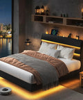Queen Size Floating Bed Frame With Ambient Led Lights And Fast Charge Port, Modern Wood Sleep Base With Hidden Storage Headboard.