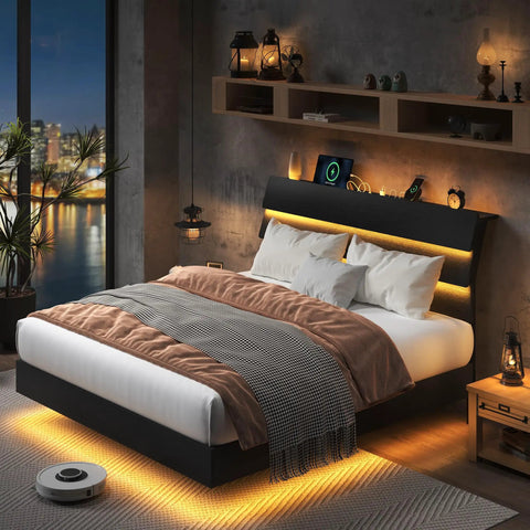 Queen Size Floating Bed Frame With Ambient Led Lights And Fast Charge Port, Modern Wood Sleep Base With Hidden Storage Headboard.