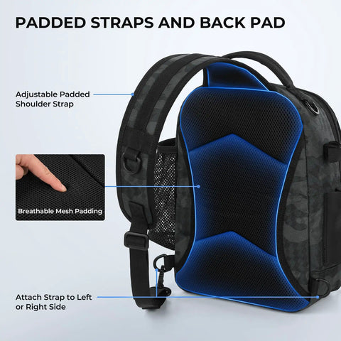 Back view of BaitSpace Standard Fishing Tackle Sling Bag with padded adjustable straps and breathable mesh back pad for comfort.
