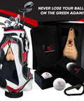 Funny Golf Gift Set With Ball Holder Silicone Pouch, 2 Golf Balls, Waffle Towel, Marker & Carabiner displayed near golf bag