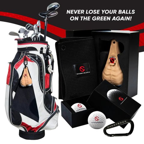 Funny Golf Gift Set With Ball Holder Silicone Pouch, 2 Golf Balls, Waffle Towel, Marker & Carabiner displayed near golf bag