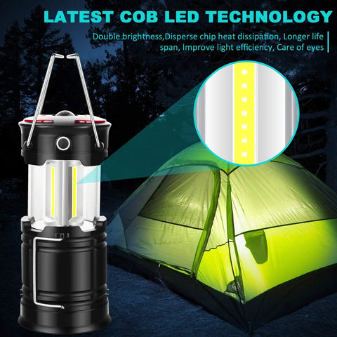 COB LED lantern illuminating a tent for camping, part of 4 Pack COB LED Lanterns For Camping, Power Outages, And Emergency Prep