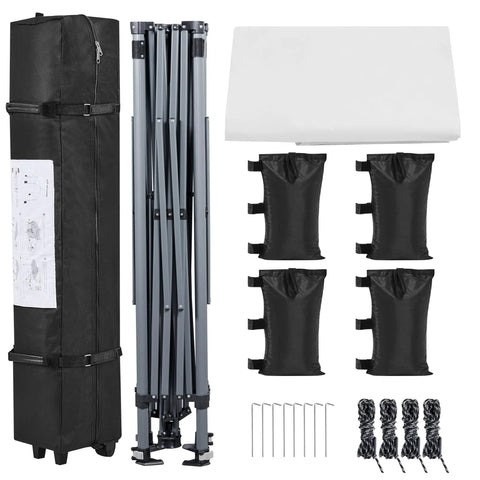 10x10 Pop Up Canopy No Fuss Easy Setup Tent For Backyard Parties And Outdoor Events With One Push To Lock Frame Portable Instant Shelter With Wheeled Carry Bag 4 Sandbags Adjustable Height Durable White unassembled parts including frame, canopy, carry bag, sandbags, ropes and pegs.