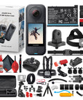 X4 Air 360 Action Camera With Lightweight Dual Lens Waterproof 8K Stabilization For Travel Cycling Snorkeling Vlogging And Outdoor Sports Plus 50 In 1 Accessory Kit And More displayed with accessories