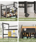 Rolling Metal Storage Cart With Removable Grid Basket And Locking Wheels For Kitchen Pantry And Home Organization shown with crossbeam, wheels, and storage features.