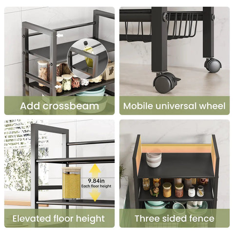 Rolling Metal Storage Cart With Removable Grid Basket And Locking Wheels For Kitchen Pantry And Home Organization shown with crossbeam, wheels, and storage features.