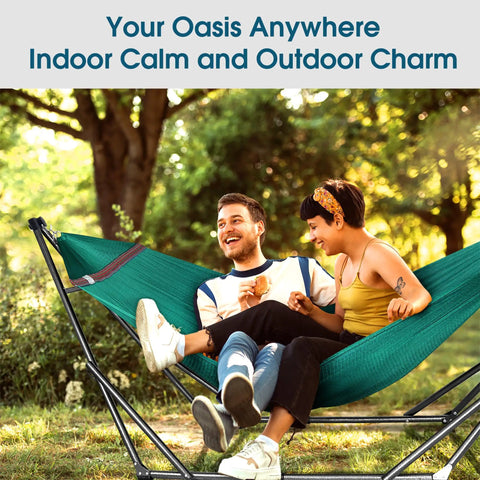 Two people relaxing outdoors on Foldable Hammock Stand For Camping And Home Use, Collapsible Double Hammock Set in Peacock.
