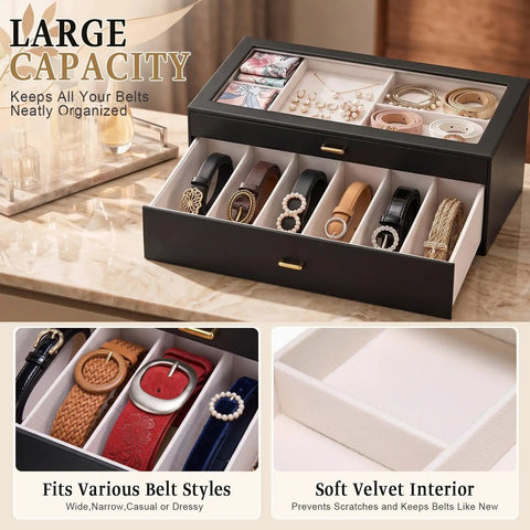 Premium Two Tier Black Belt Organizer With Spacious Drawer For Bedroom Closets To Keep Your Threads And Bling Neatly Sorted Without Stress, showing belts in a clear lid storage box.