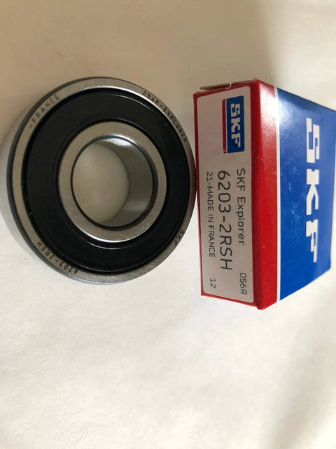 6203 2RSH Radial Deep Groove Ball Bearing with dual seals and packaging, 17 mm bore, 40 mm OD, 12 mm width, made of bearing steel.