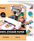 Glossy Printable Vinyl Sticker Paper Hella Easy Cut For Cutting Machines, 8.5x11 sheets, featuring colorful stickers and cutting machine.