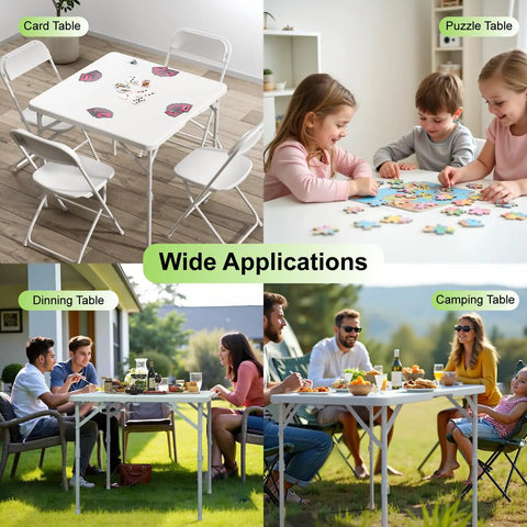 34 Inch Square Folding Table With Carrying Handle in various settings: card game, puzzle activity, dining, outdoor camping.
