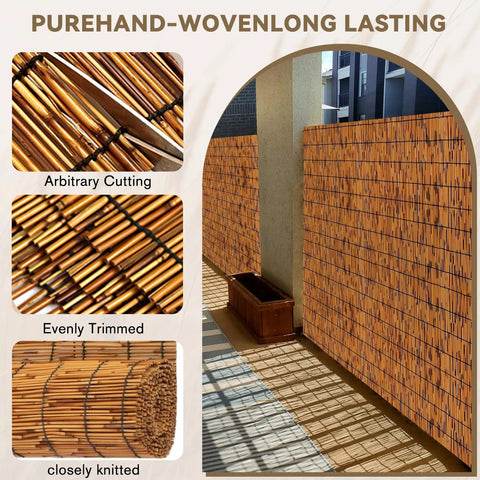 Natural Reed Bamboo Fencing Light Russet For Outdoor Privacy Screen showing handwoven detail and application examples
